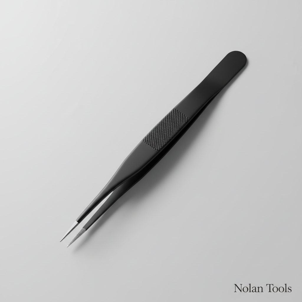 A single, high-grade ESD tweezer with black anti-static coating and ultra-fine, serrated tips is elegantly positioned diagonally atop a seamless gray backdrop. The textured, non-slip grip and smoothly contoured shank are unmistakable, while soft, concentrated lighting highlights the tactile qualities of the tool and casts a subtle, elongated shadow for depth. The centered composition uses negative space to convey order and focus, reinforcing a professional and minimalistic atmosphere. Captured from a slight bird’s eye perspective in photographic style, the image underscores the precision and dependability Nolan's Tools offers to electronics professionals.