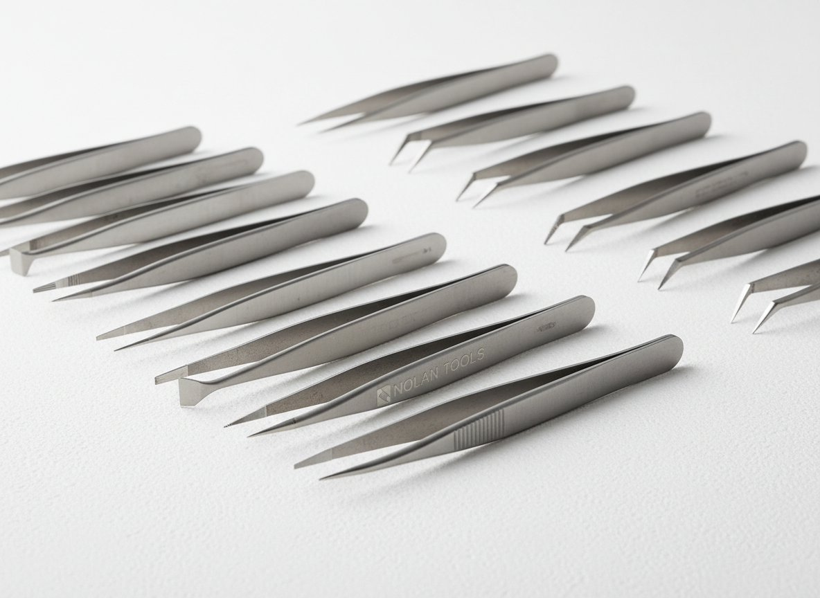 An array of precision ESD tweezers crafted from matte-finish stainless steel, each displaying finely pointed and slanted tips, rests meticulously on a crisp, white surface. The arrangement features tweezers of varying lengths and tip styles, highlighting the diversity available for electronics manufacturing tasks. Subtle diffused studio lighting produces soft, even illumination with minimal shadows, emphasizing the clean lines and high-quality build. The neutral-toned setting and balanced composition evoke professionalism and clarity, with a sharp focus throughout the image to showcase intricate details. The aesthetic is photographic realism, with a corporate and structured feel, perfectly reflecting Nolan Tools’ dedication to precision and quality.