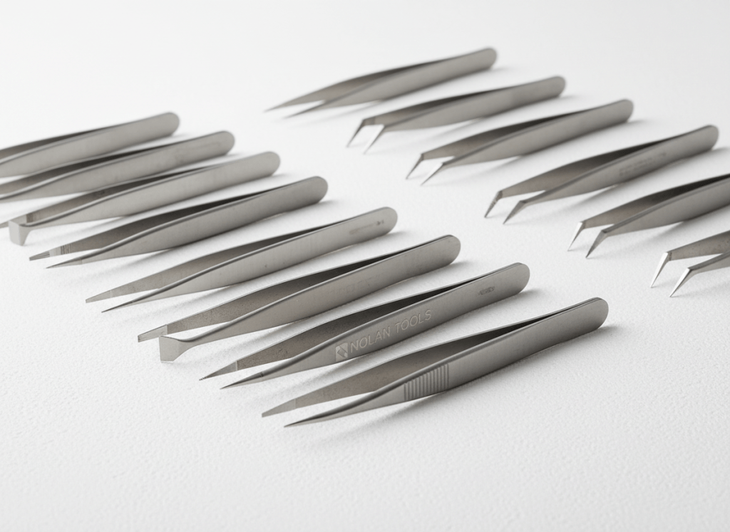 An array of precision ESD tweezers crafted from matte-finish stainless steel, each displaying finely pointed and slanted tips, rests meticulously on a crisp, white surface. The arrangement features tweezers of varying lengths and tip styles, highlighting the diversity available for electronics manufacturing tasks. Subtle diffused studio lighting produces soft, even illumination with minimal shadows, emphasizing the clean lines and high-quality build. The neutral-toned setting and balanced composition evoke professionalism and clarity, with a sharp focus throughout the image to showcase intricate details. The aesthetic is photographic realism, with a corporate and structured feel, perfectly reflecting Nolan Tools’ dedication to precision and quality.